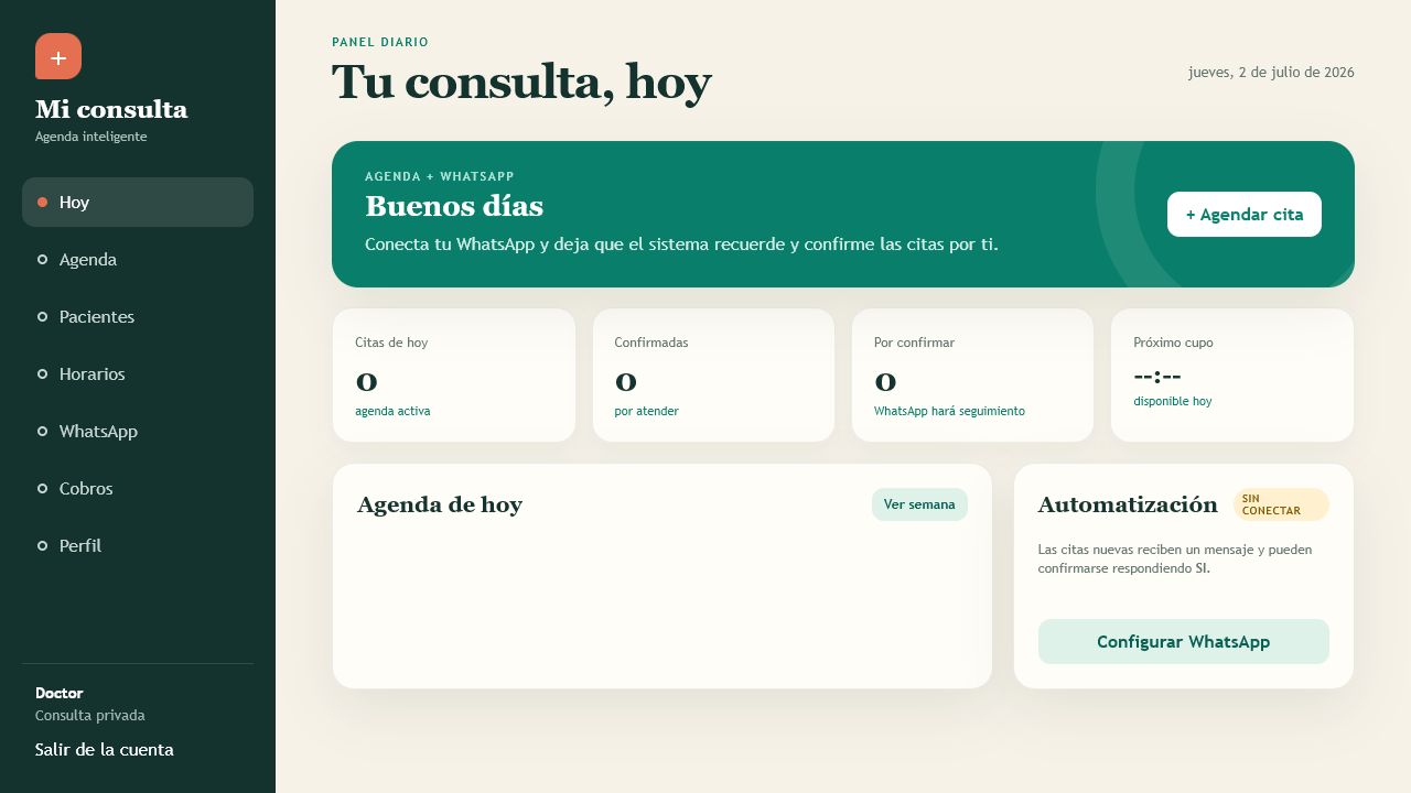 Dashboard de Mi Consulta con resumen de citas y pacientes